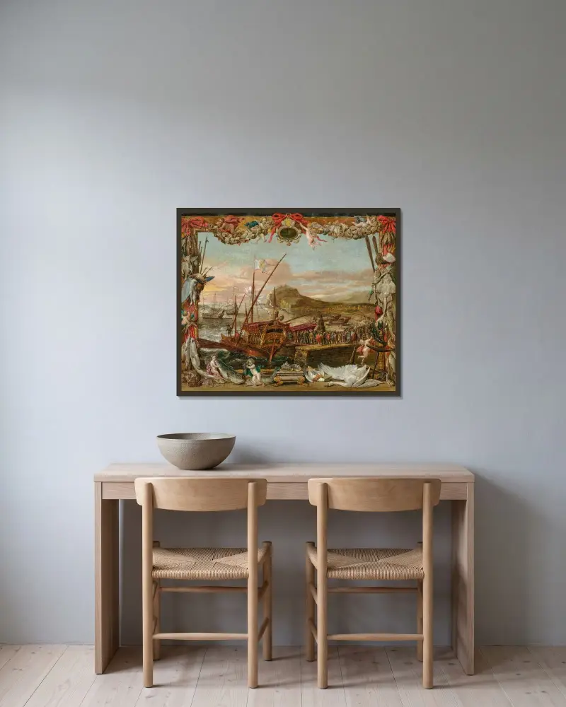 Die Einschiffung von Don Juan von Österreich von David Teniers The Younger gerahmt an einer Wand