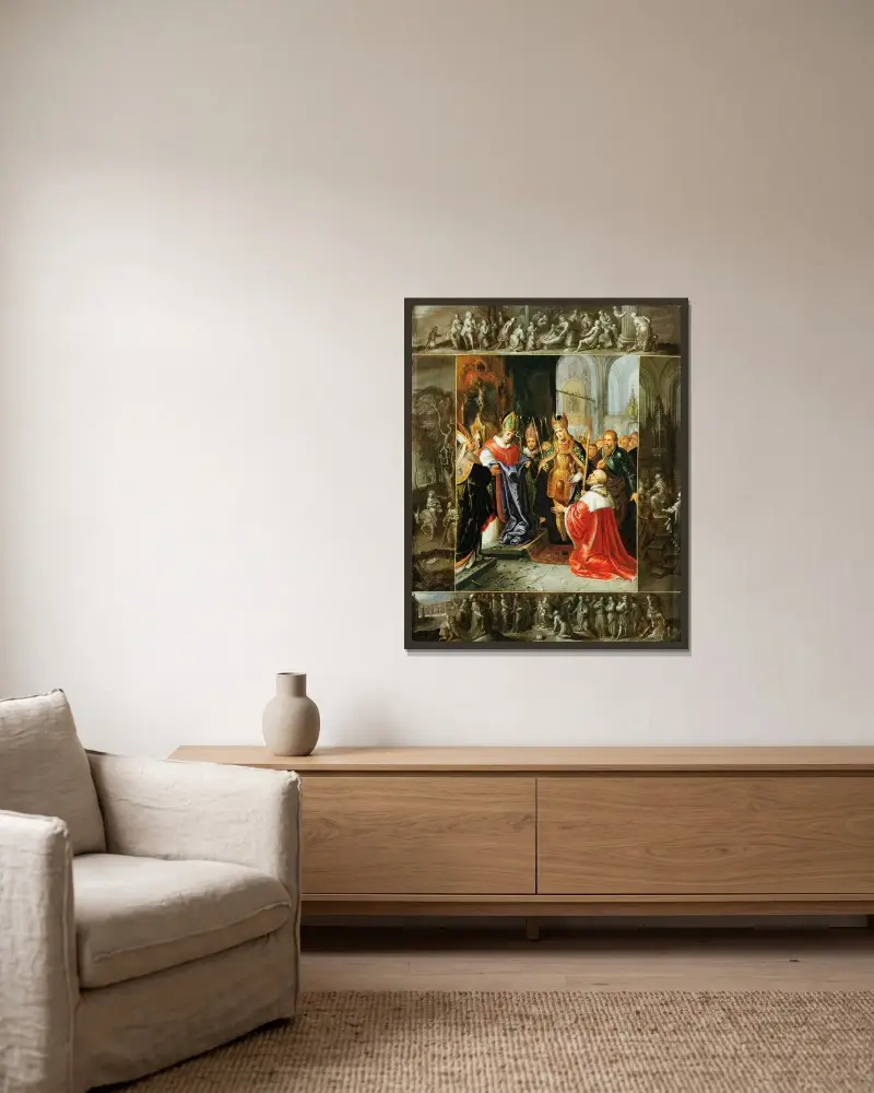 Kejsar Karl V visas Jungfruns klädnad av Frans Francken the Younger inramad på en vägg