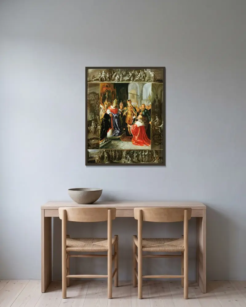 Kejsar Karl V visas Jungfruns klädnad av Frans Francken the Younger inramad på en vägg