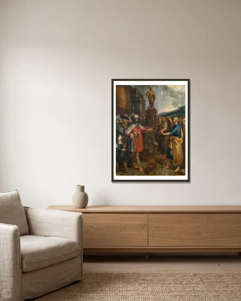 The Emperor Diocletian shows the Statue of Asclepius av Frans Francken the Younger inramad på en vägg