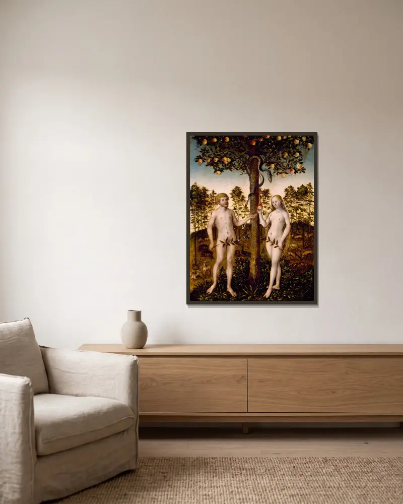 The Fall of Man av Lucas Cranach the Younger inramad på en vägg