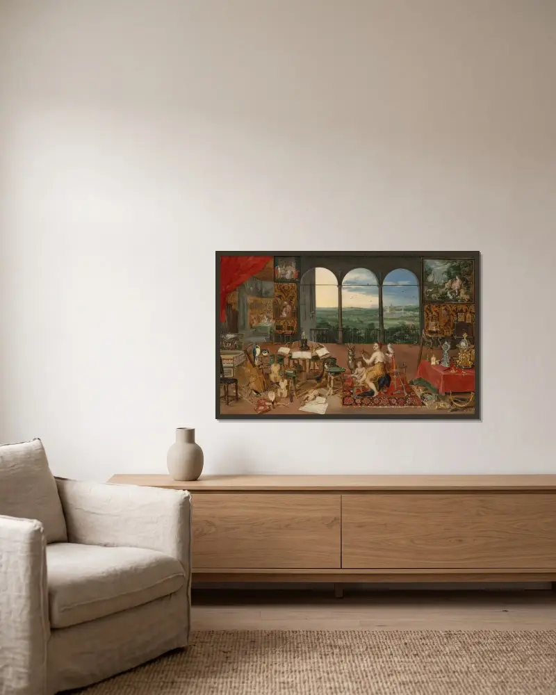 De fem sinnena: Hörseln av Jan Brueghel the Younger inramad på en vägg