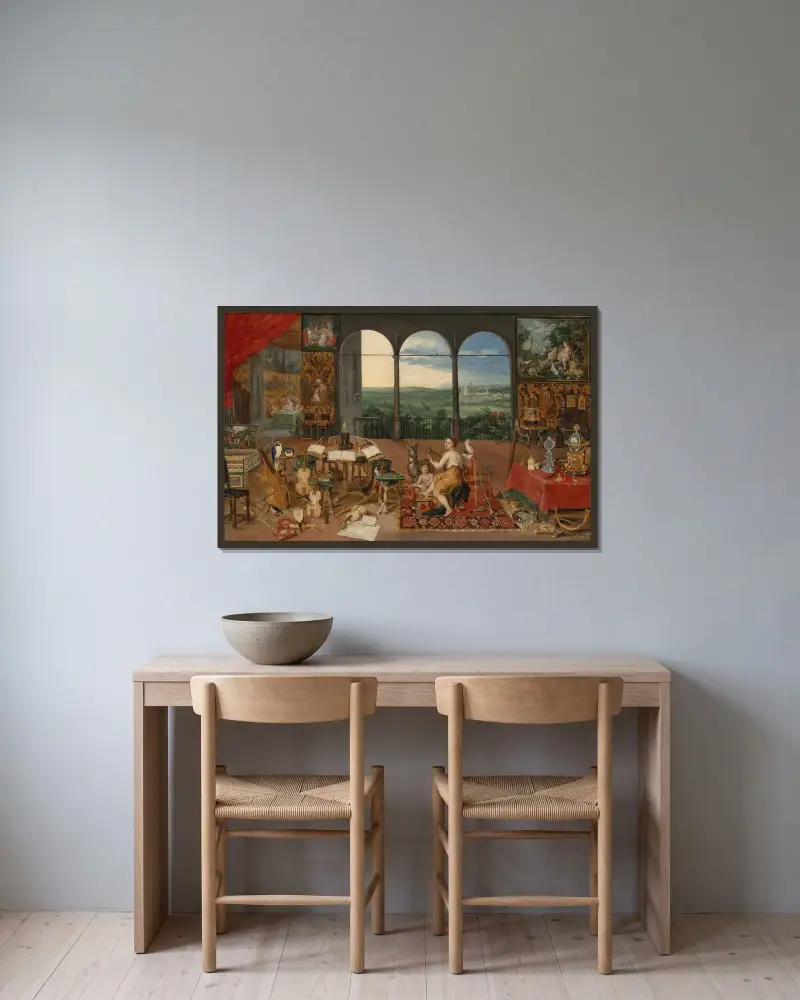 De fem sinnena: Hörseln av Jan Brueghel the Younger inramad på en vägg