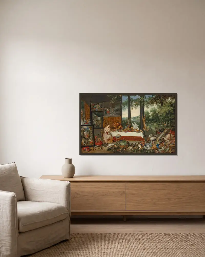 De fem sinnena; Smaken av Jan Brueghel the Younger inramad på en vägg