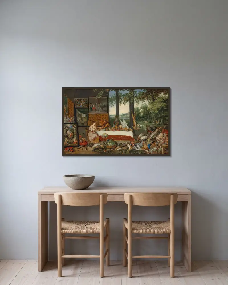 De fem sinnena; Smaken av Jan Brueghel the Younger inramad på en vägg