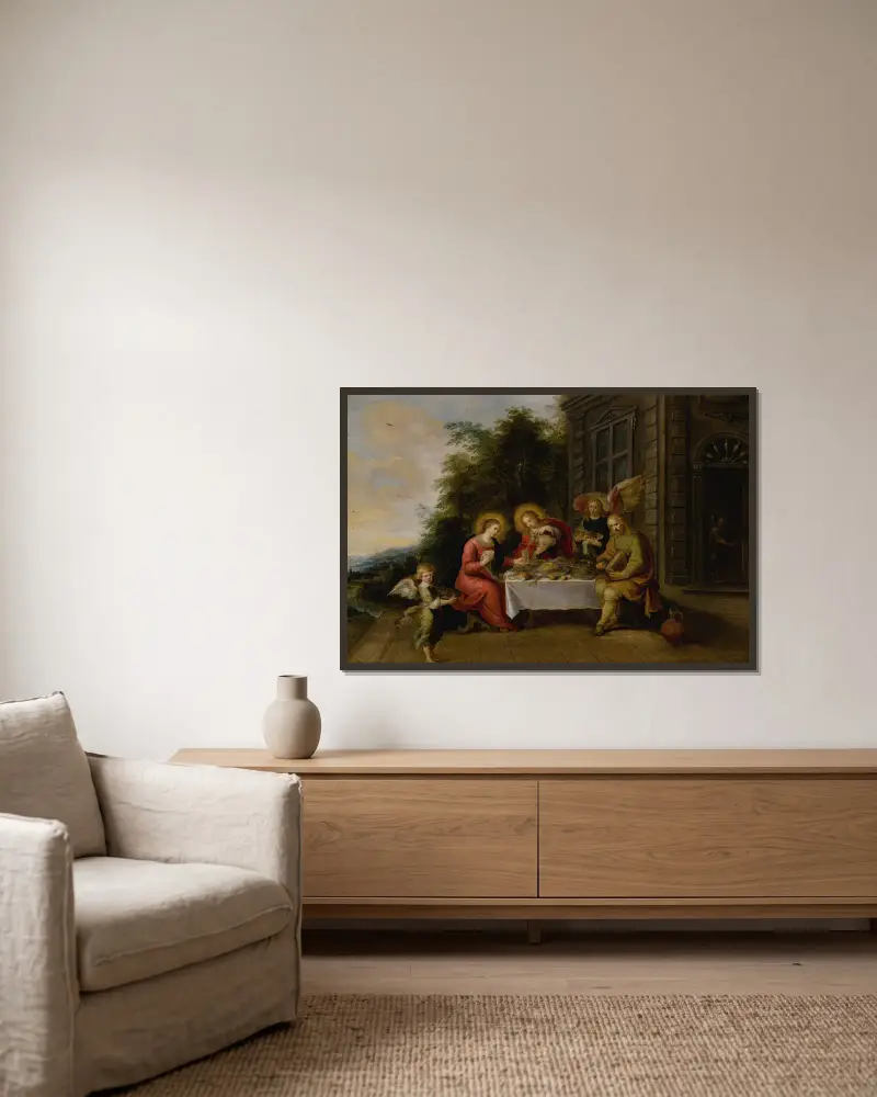 The Holy Family Dining Outdoors While Served By Angels av Frans Francken the Younger inramad på en vägg