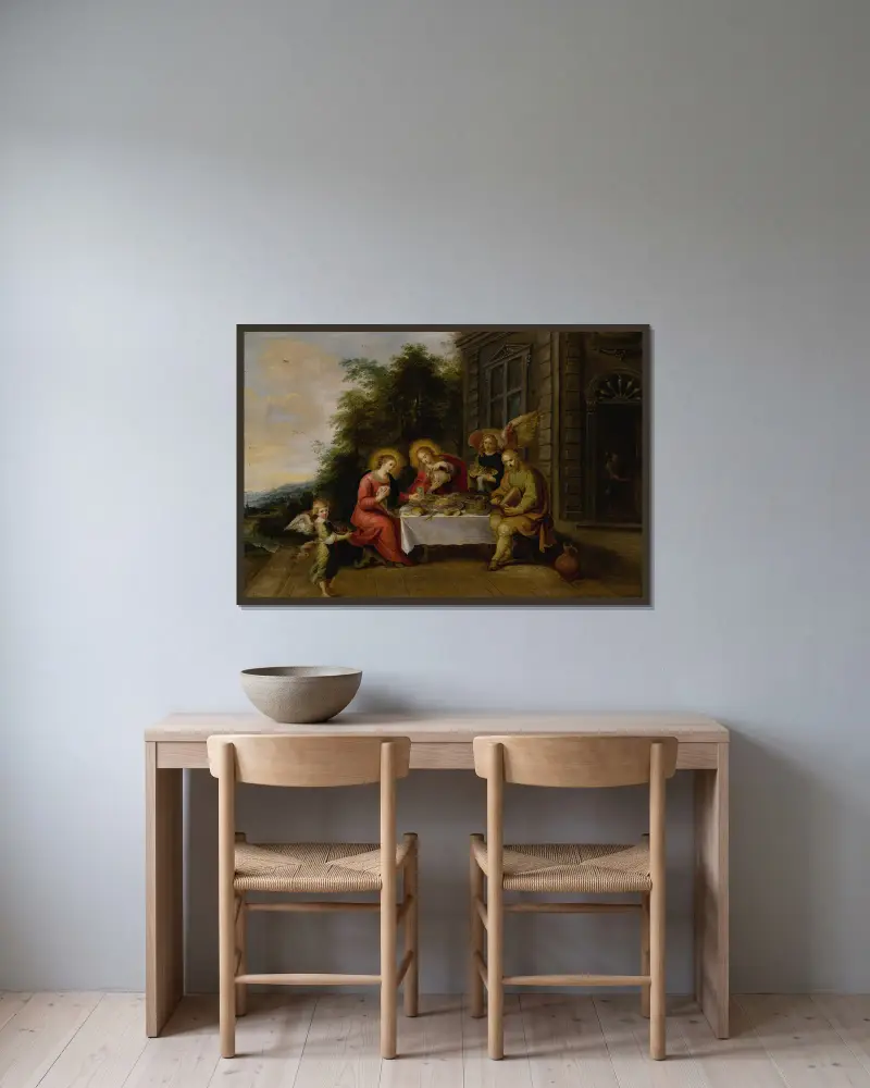 The Holy Family Dining Outdoors While Served By Angels av Frans Francken the Younger inramad på en vägg