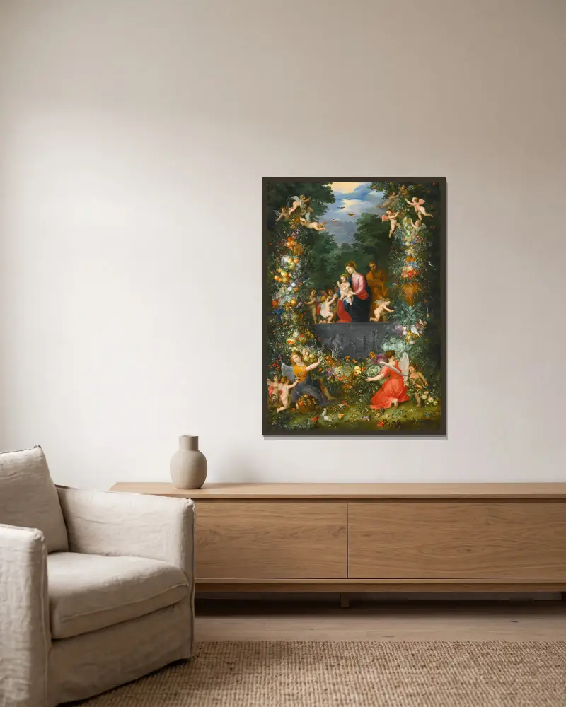 The Holy Family Within A Garland Of Fruit, Flowers And Vegetables Held By Angels av Jan Brueghel the Younger inramad på en vägg