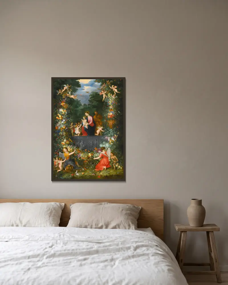 The Holy Family Within A Garland Of Fruit, Flowers And Vegetables Held By Angels av Jan Brueghel the Younger inramad på en vägg