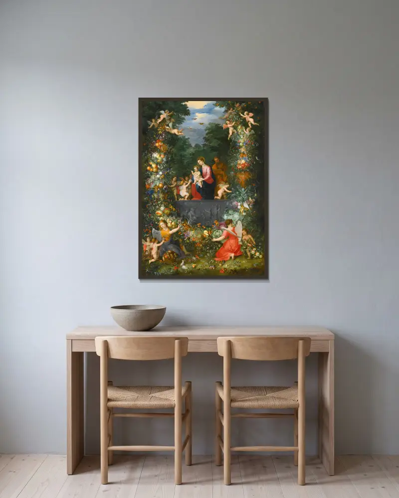 The Holy Family Within A Garland Of Fruit, Flowers And Vegetables Held By Angels av Jan Brueghel the Younger inramad på en vägg