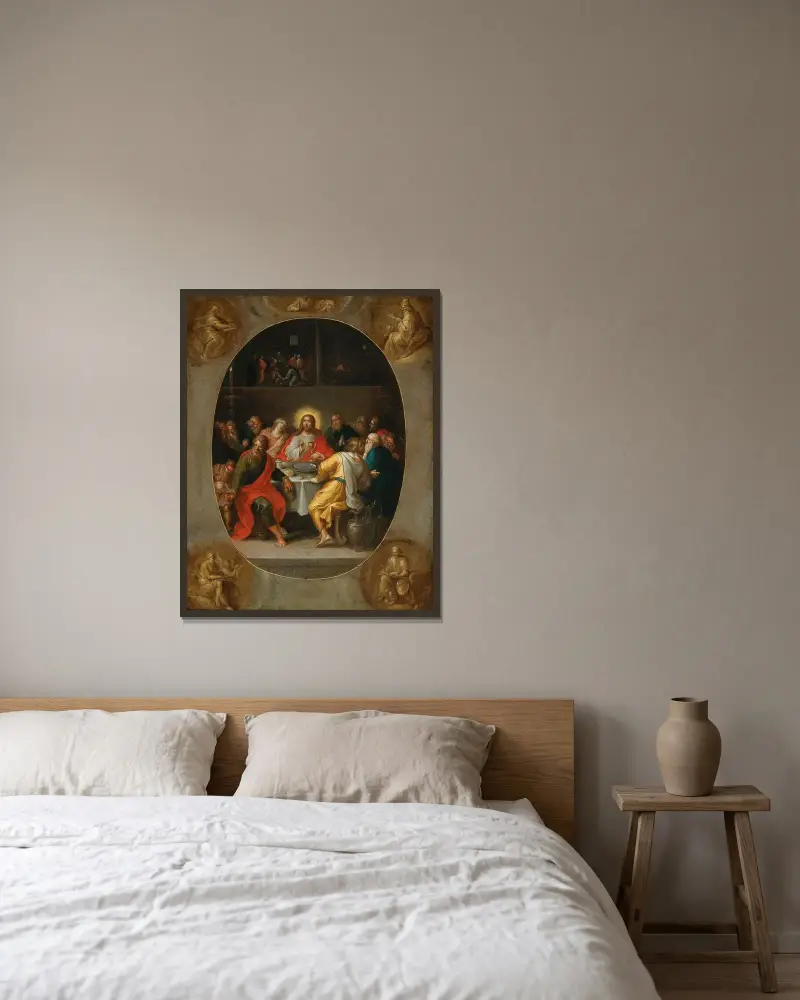 Nattvarden (i en målad oval), Gud Fadern och de fyra evangelisterna (målade i grisaille i hörnen) av Frans Francken the Younger inramad på en vägg