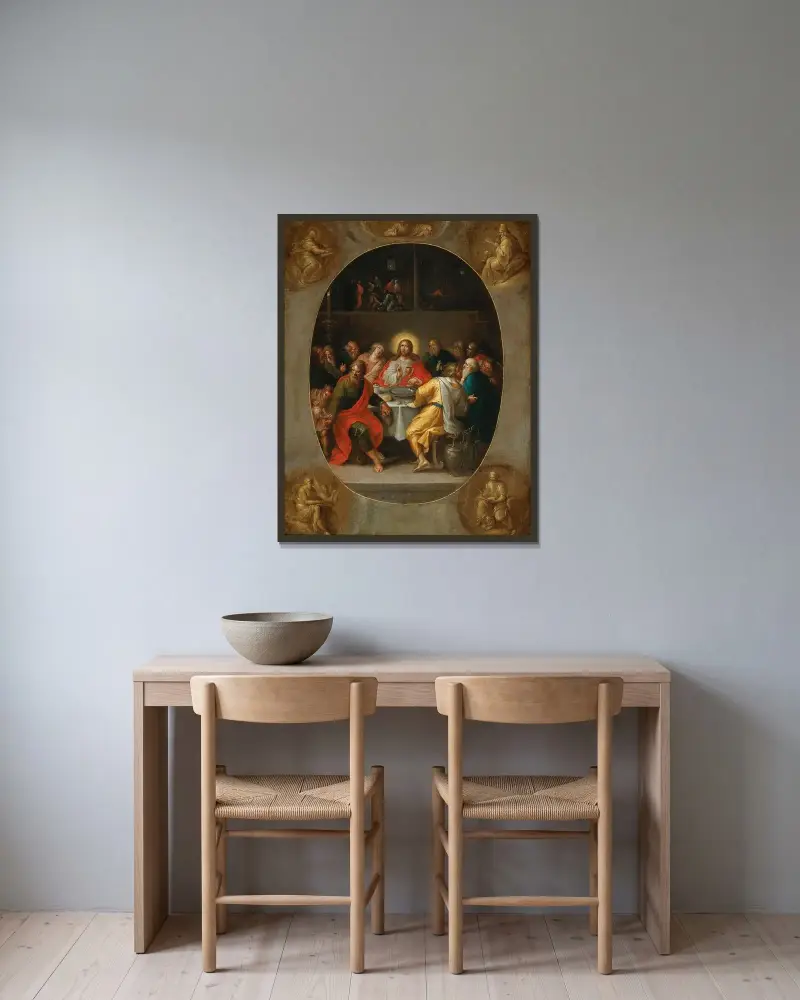Nattvarden (i en målad oval), Gud Fadern och de fyra evangelisterna (målade i grisaille i hörnen) av Frans Francken the Younger inramad på en vägg