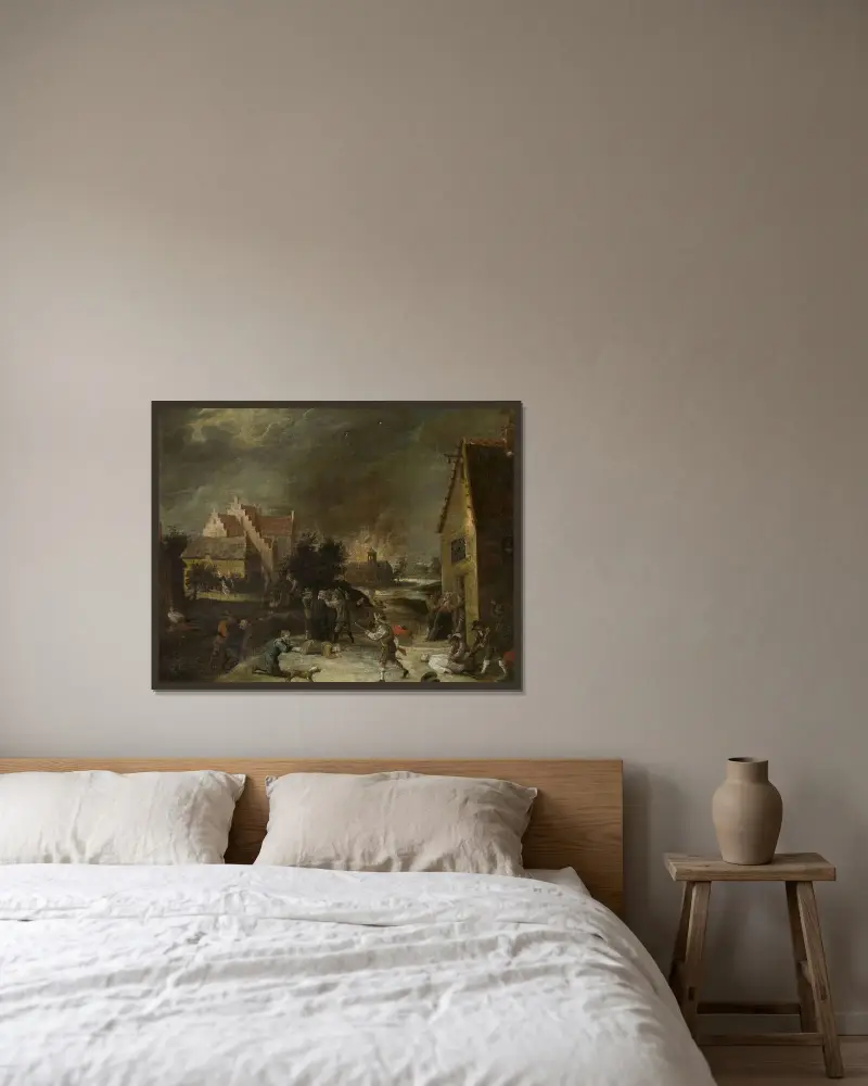 Plundringen av en by av David Teniers The Younger inramad på en vägg