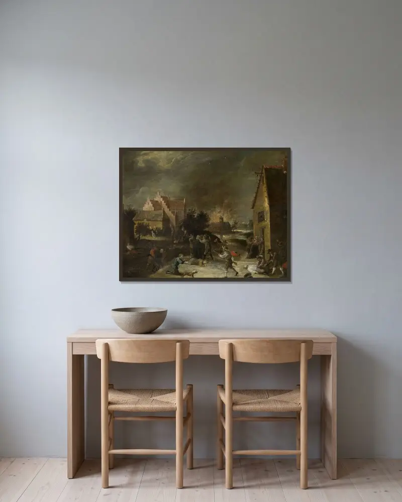 Plundringen av en by av David Teniers The Younger inramad på en vägg