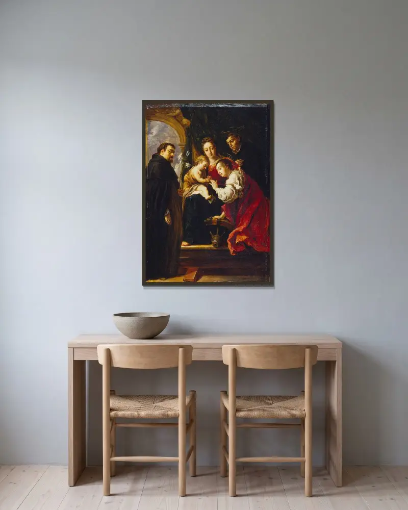 Sankta Katarinas mystiska bröllop (efter Fetti) av David Teniers The Younger inramad på en vägg