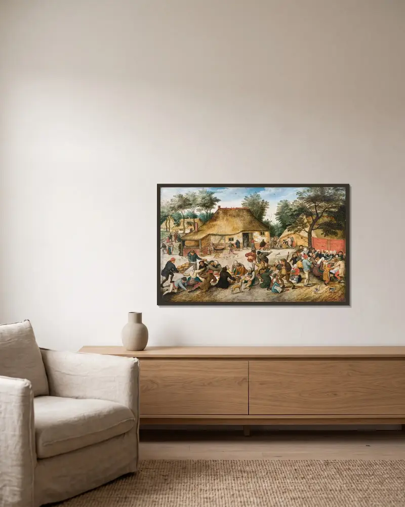 Die Bauernhochzeit von Pieter Brueghel The Younger gerahmt an einer Wand
