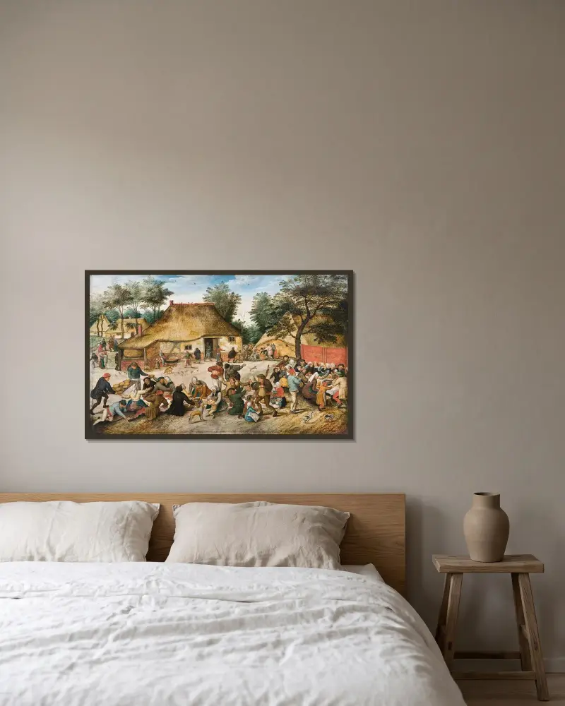 Die Bauernhochzeit von Pieter Brueghel The Younger gerahmt an einer Wand