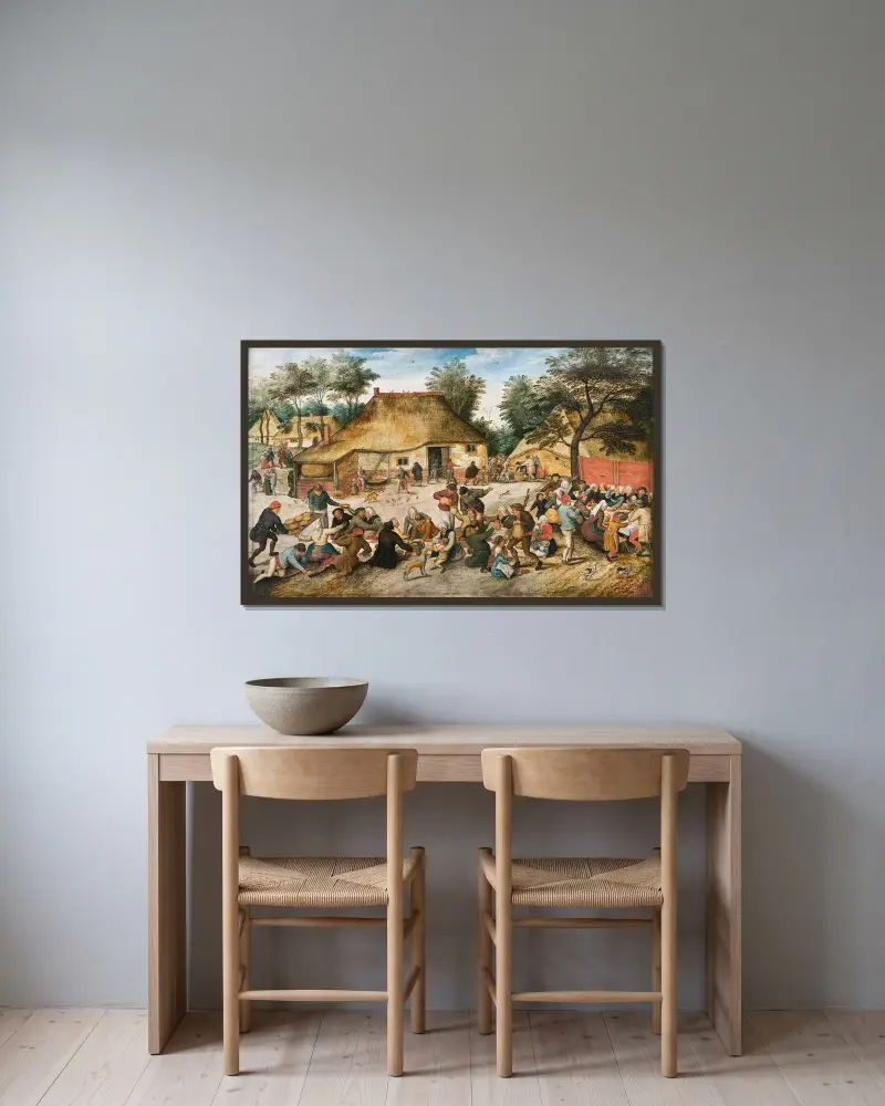 Die Bauernhochzeit von Pieter Brueghel The Younger gerahmt an einer Wand