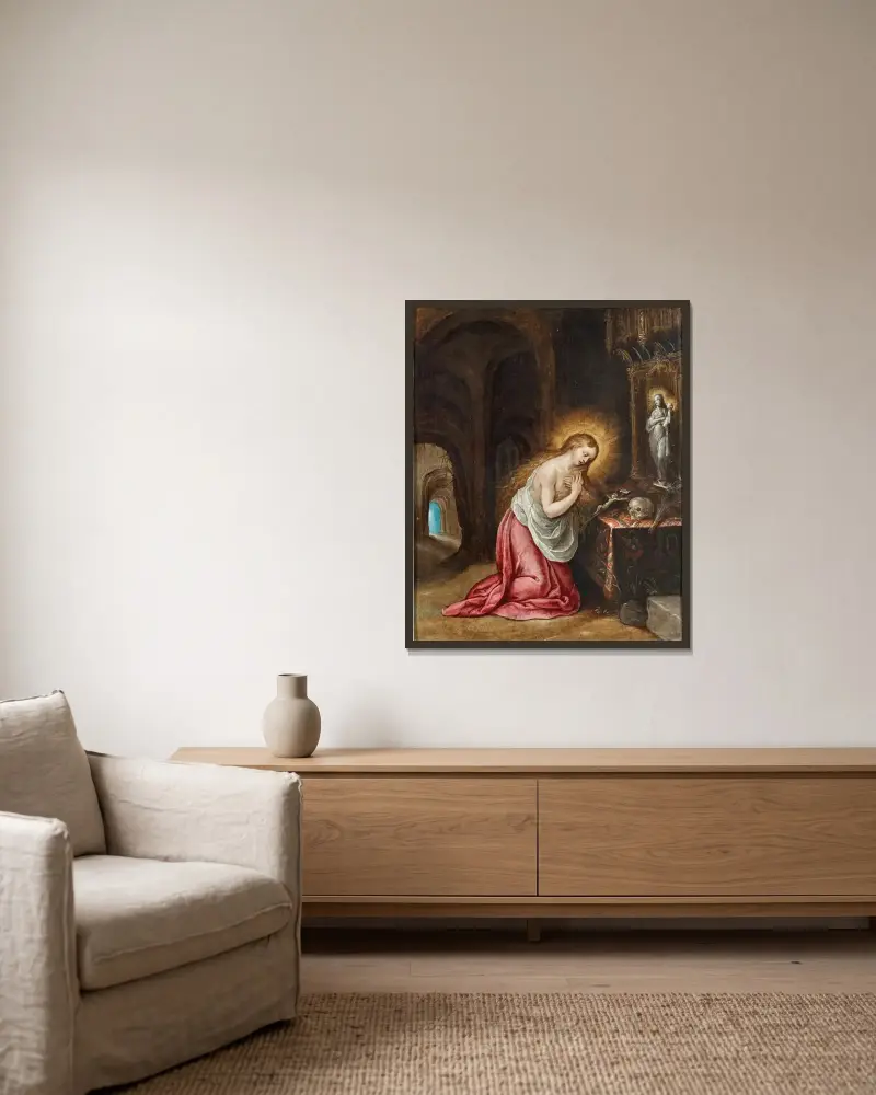 Den botfärdiga Maria Magdalena av Frans Francken the Younger inramad på en vägg