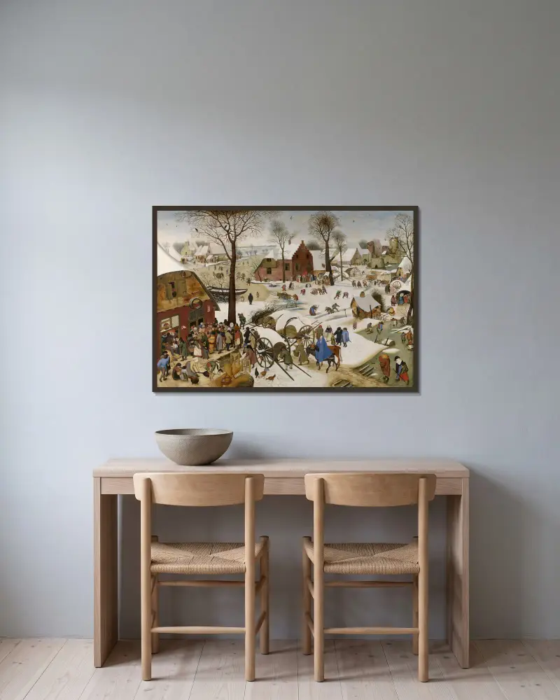 Die Volkszählung in Bethlehem von Pieter Brueghel The Younger gerahmt an einer Wand
