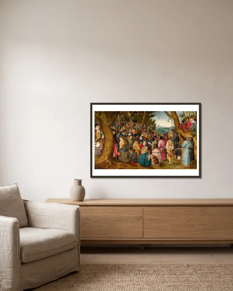 Die Predigt Johannes des Täufers von Pieter Brueghel The Younger gerahmt an einer Wand