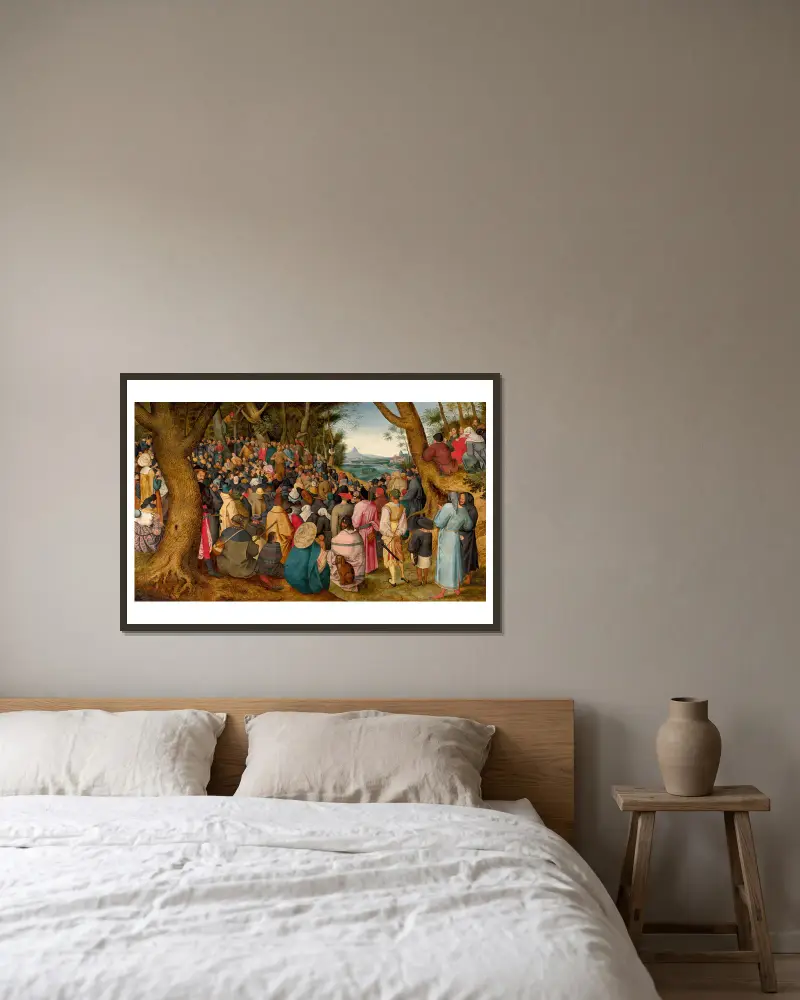 Die Predigt Johannes des Täufers von Pieter Brueghel The Younger gerahmt an einer Wand