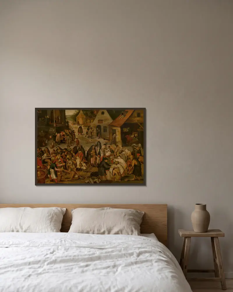De sju barmhärtighetsgärningarna av Pieter Brueghel The Younger inramad på en vägg