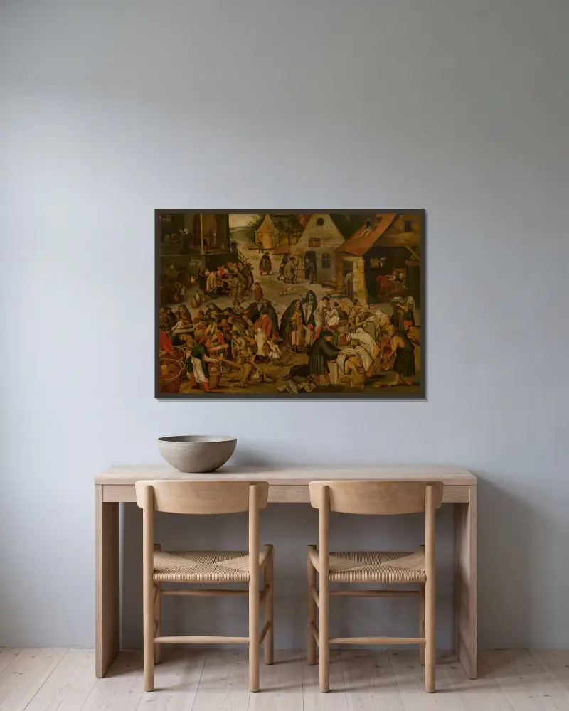 De sju barmhärtighetsgärningarna av Pieter Brueghel The Younger inramad på en vägg