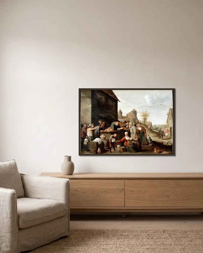 De sju barmhärtighetsgärningarna av David Teniers The Younger inramad på en vägg