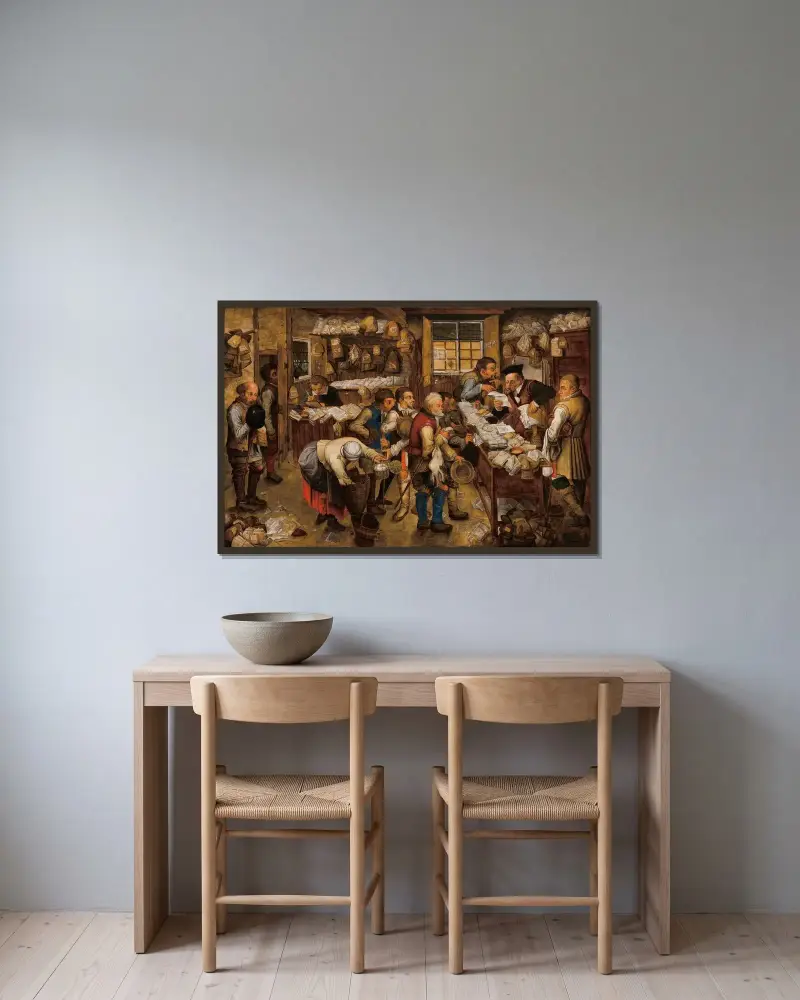 Das Steuereintreiberbüro von Pieter Brueghel The Younger gerahmt an einer Wand