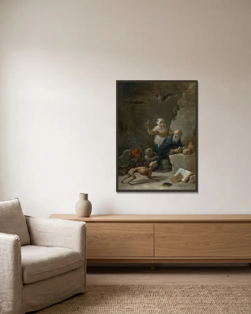 Frestelsen av Sankt Antonius av David Teniers The Younger inramad på en vägg