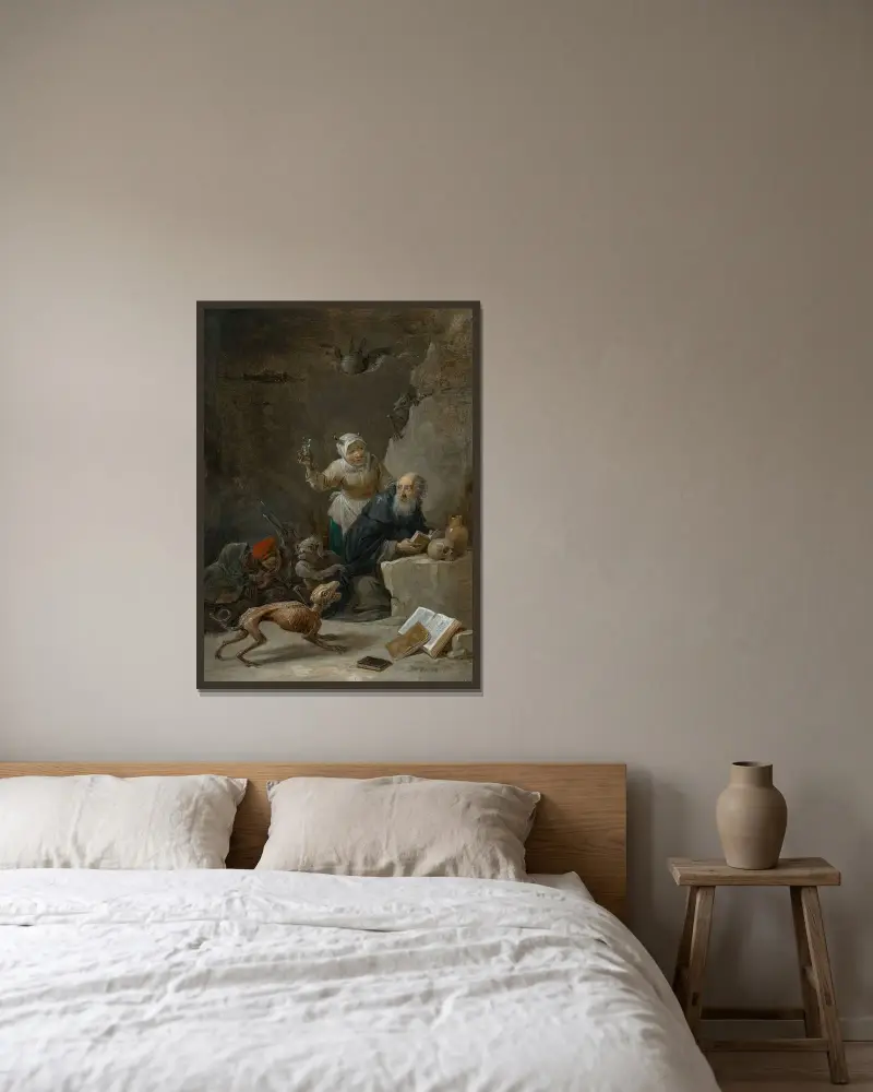 Frestelsen av Sankt Antonius av David Teniers The Younger inramad på en vägg