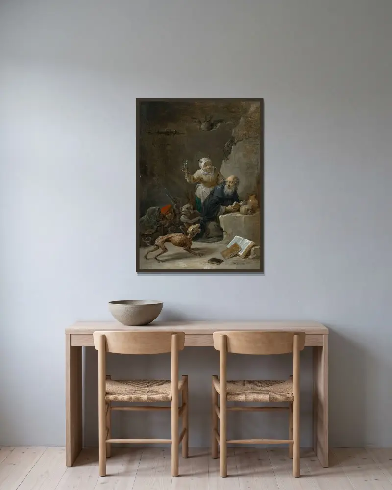 Frestelsen av Sankt Antonius av David Teniers The Younger inramad på en vägg