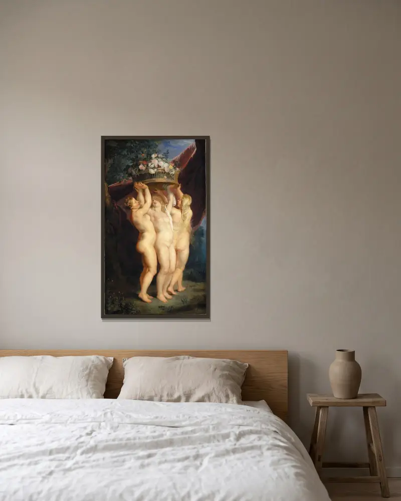 De tre gracerna av Jan Brueghel the Younger inramad på en vägg