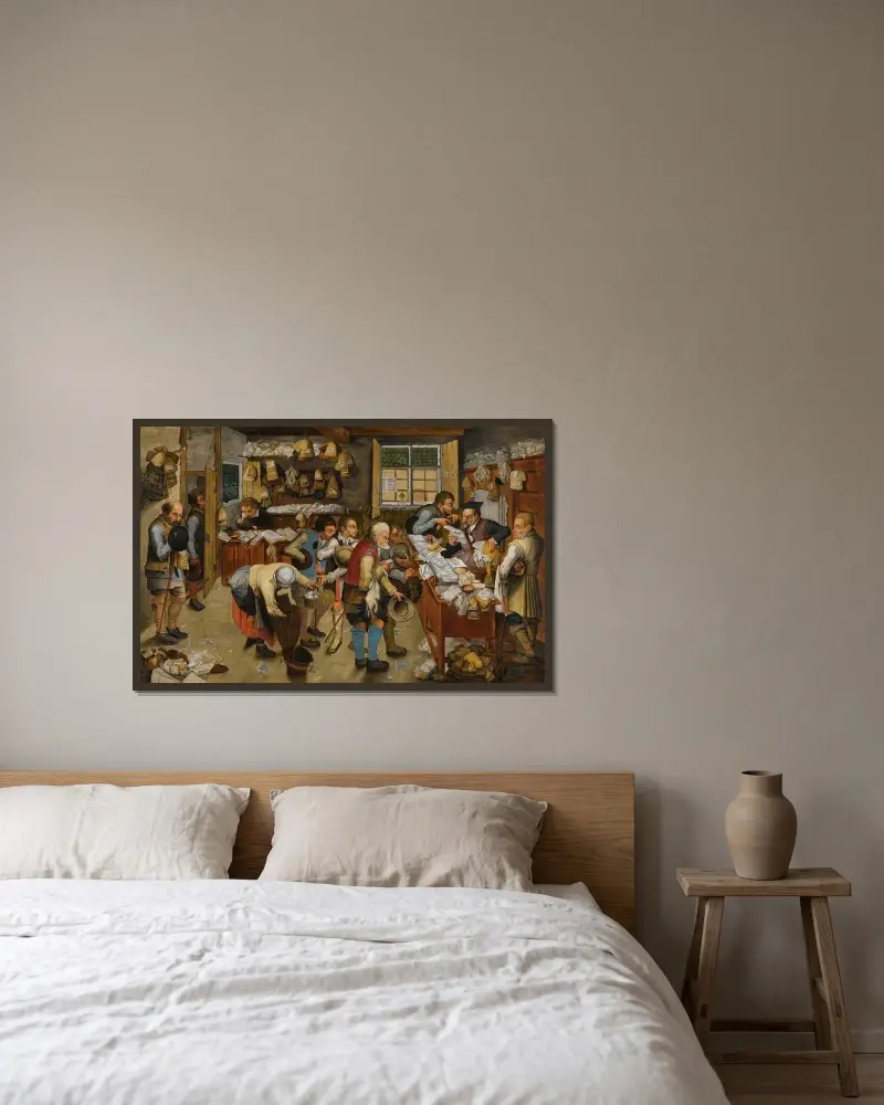 Das Büro des Dorfnotars von Pieter Brueghel The Younger gerahmt an einer Wand