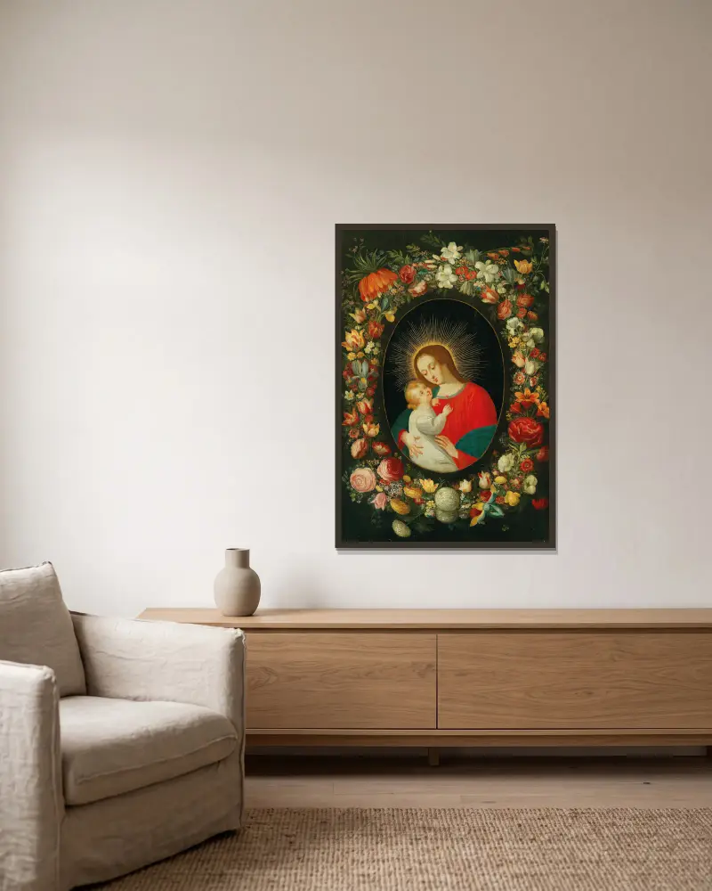 The Virgin and Child in a cartouche surrounded by a garland of flowers av Jan Brueghel the Younger inramad på en vägg