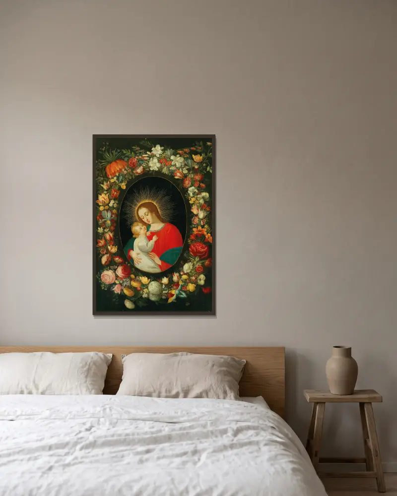 The Virgin and Child in a cartouche surrounded by a garland of flowers av Jan Brueghel the Younger inramad på en vägg