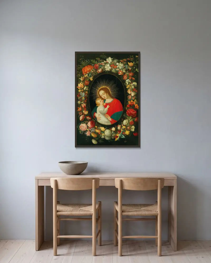 The Virgin and Child in a cartouche surrounded by a garland of flowers av Jan Brueghel the Younger inramad på en vägg