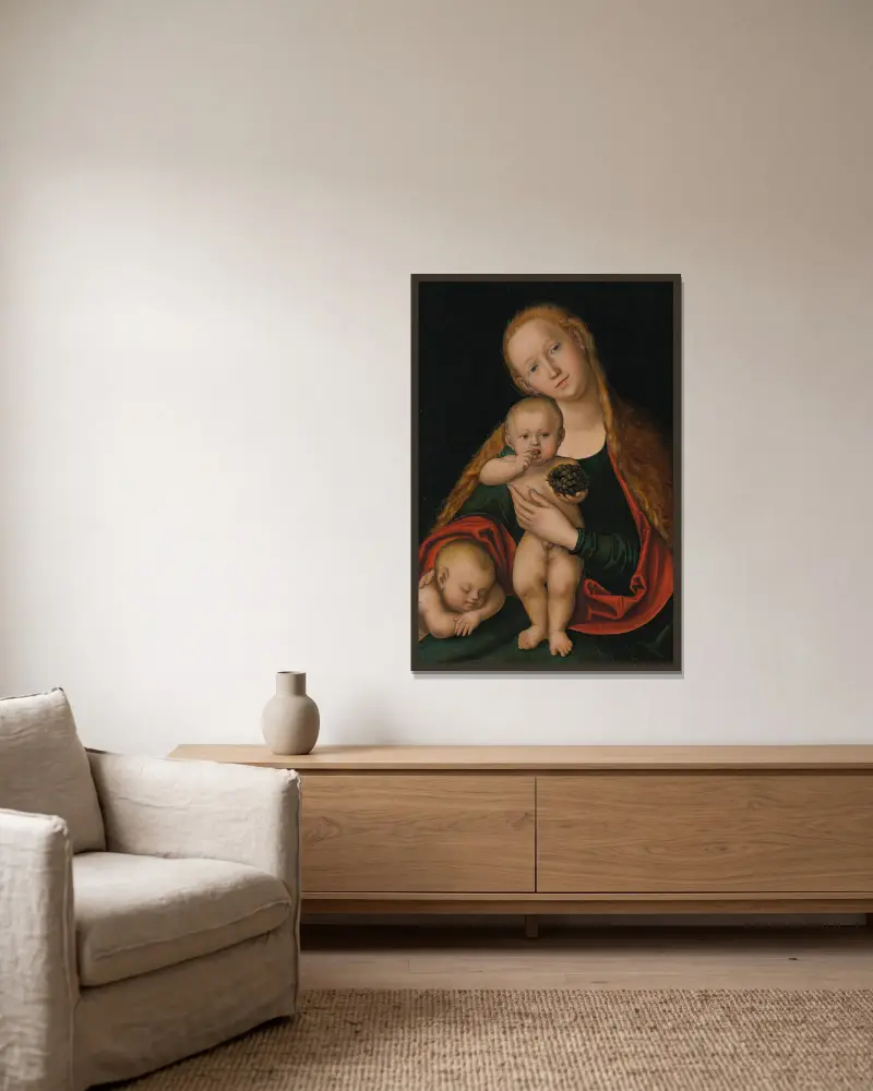 The Virgin and Child with infant Saint John the Baptist sleeping av Lucas Cranach the Younger inramad på en vägg