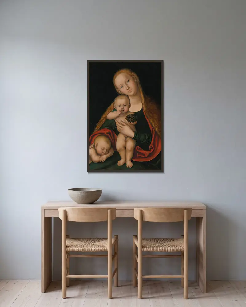 The Virgin and Child with infant Saint John the Baptist sleeping av Lucas Cranach the Younger inramad på en vägg