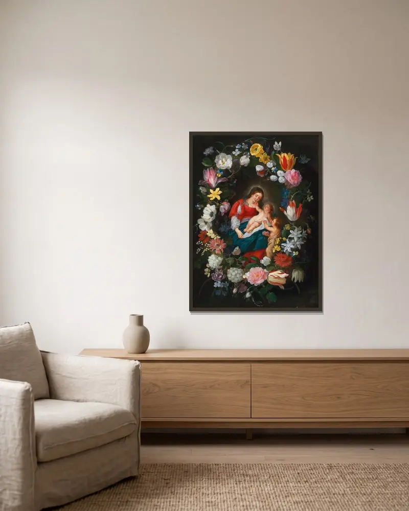 Jungfrun och barnet med den unge Johannes döparen omgivna av en blomstergirland av Jan Brueghel the Younger inramad på en vägg