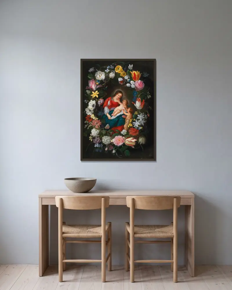 Jungfrun och barnet med den unge Johannes döparen omgivna av en blomstergirland av Jan Brueghel the Younger inramad på en vägg