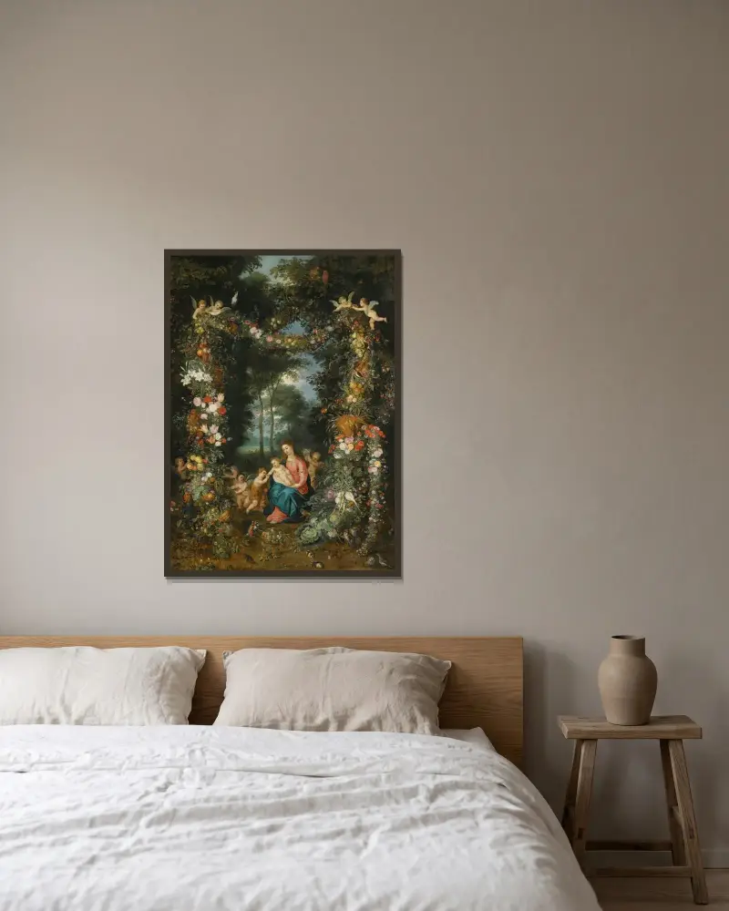 Jungfrun och barnet med den unge Johannes döparen, omgivna av girlanger och frukt- och blomsterslingor av Jan Brueghel the Younger inramad på en vägg