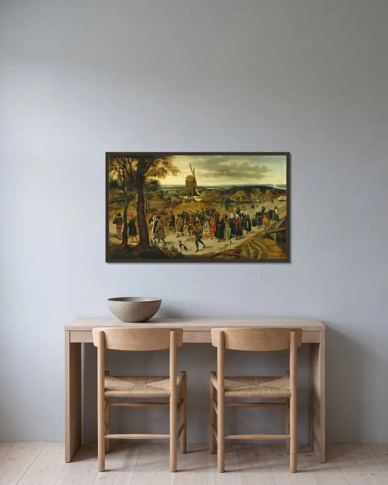 Die Hochzeitsprozession, 1623 von Pieter Brueghel The Younger gerahmt an einer Wand
