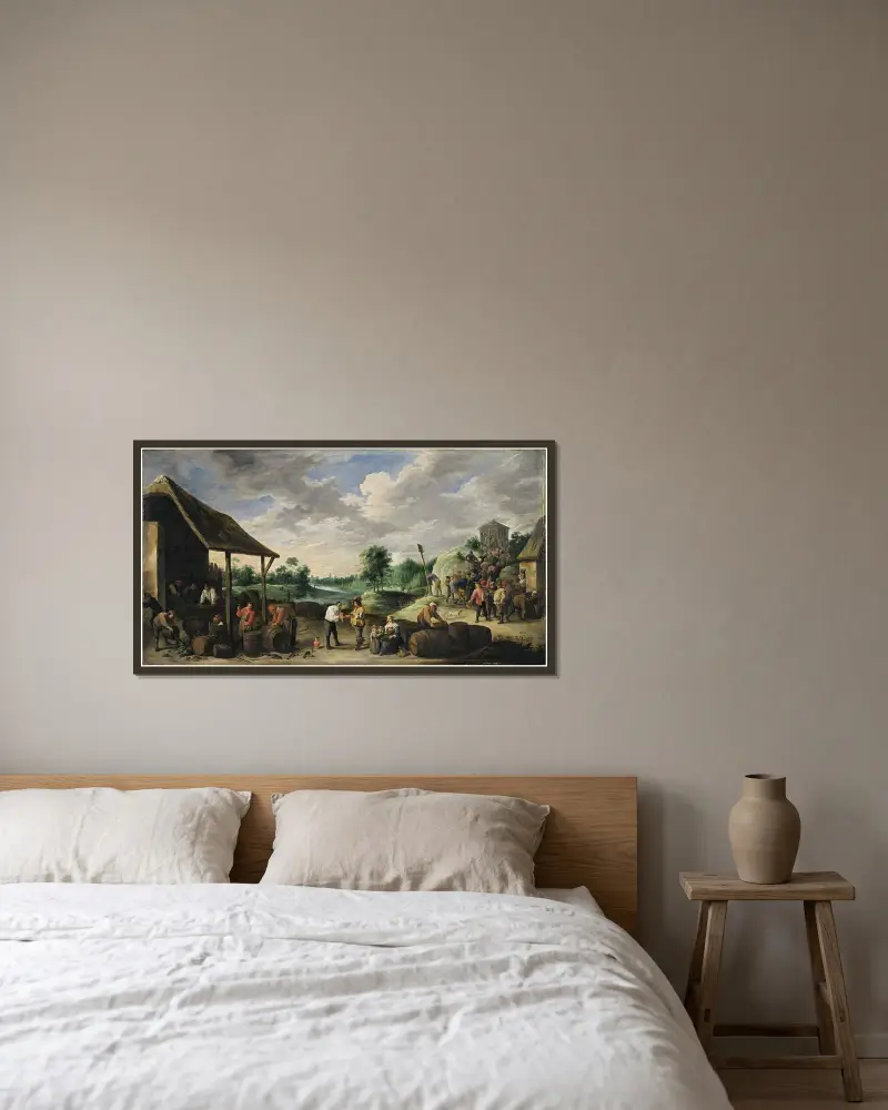 Vinskörden av David Teniers The Younger inramad på en vägg