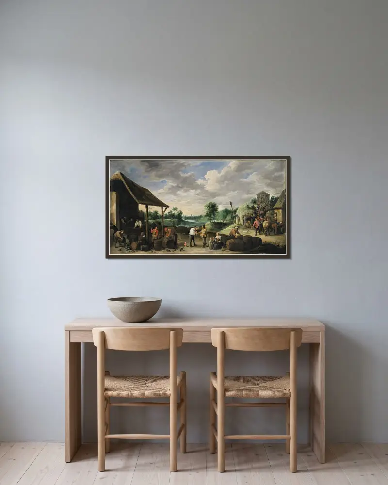 Vinskörden av David Teniers The Younger inramad på en vägg