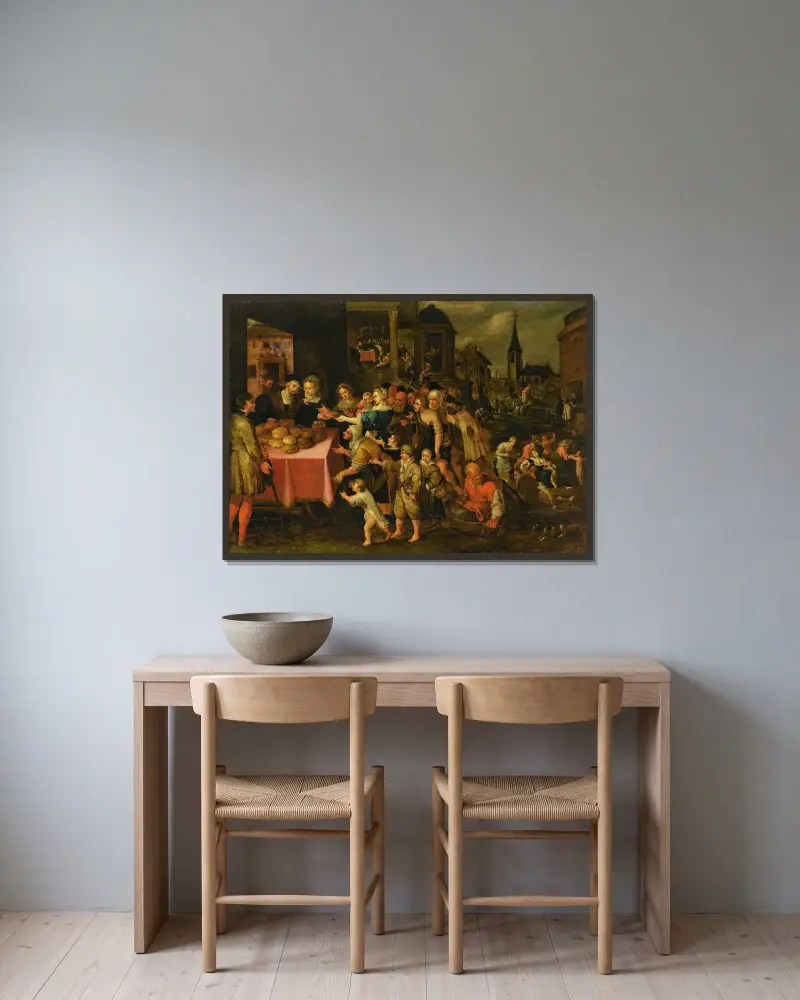 Barmhärtighetsverken av Frans Francken the Younger inramad på en vägg