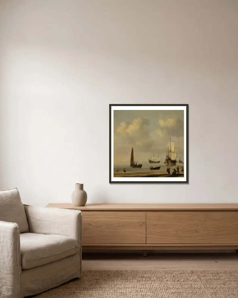 Three-Masted Ships and Fishing Boats in a Calm av Willem van de Velde the Younger inramad på en vägg