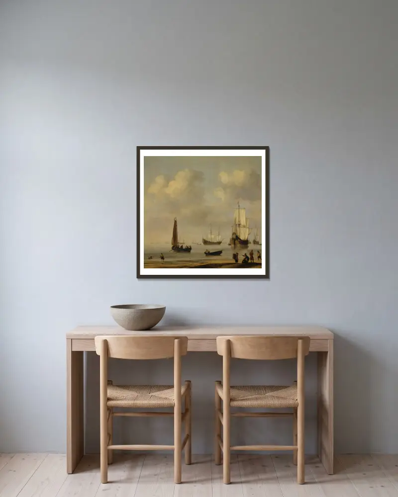 Three-Masted Ships and Fishing Boats in a Calm av Willem van de Velde the Younger inramad på en vägg