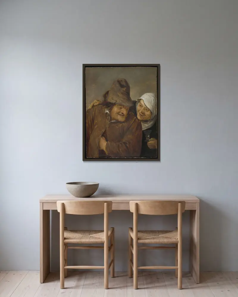 Två bönder med ett glas vin av David Teniers The Younger inramad på en vägg